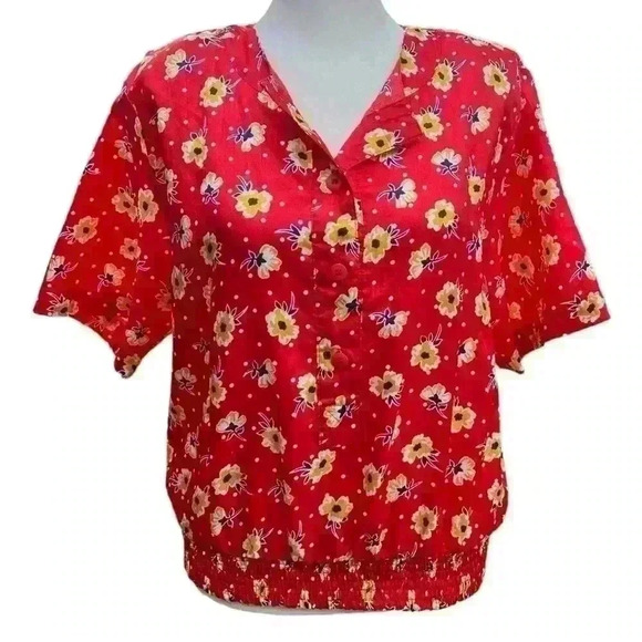 Vintage Notations Red & yellow floral Short Sleeve Button Shirt polka dots M - Picture 5 of 10
